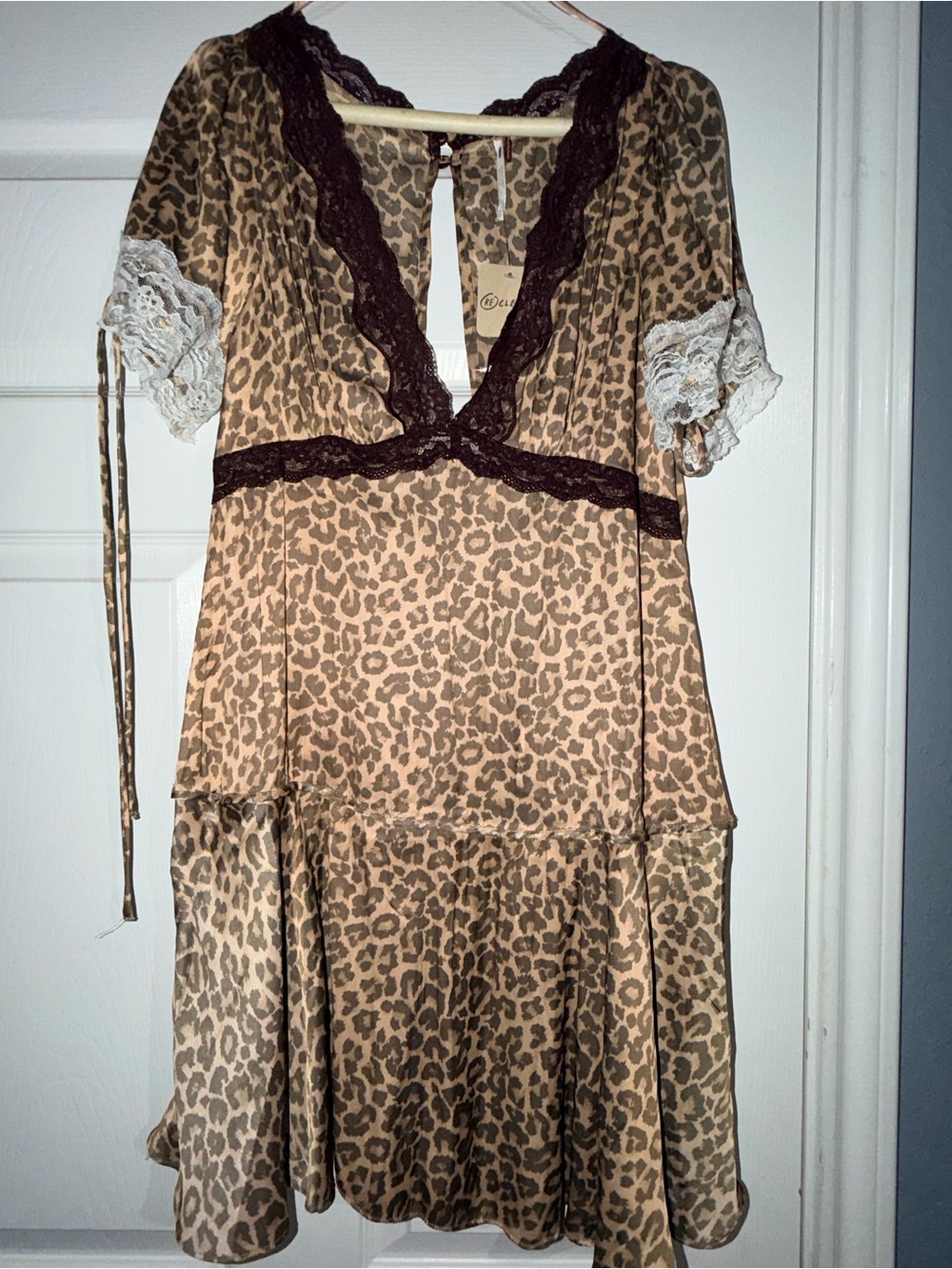 Free People Leopard Print Mini Dress with Dark Brown Lace Trim